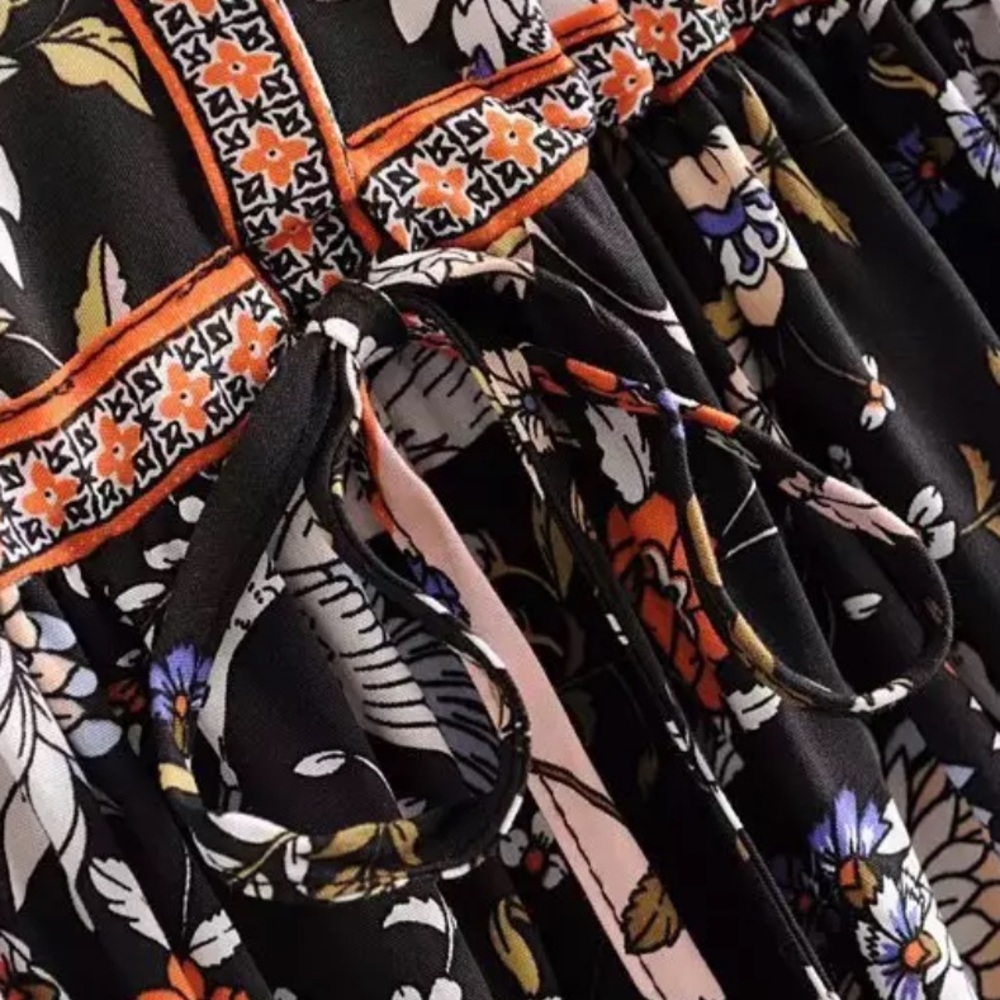 Boho Floral Crane Gypsy Print Dress Black Orange - Picture 10 of 13